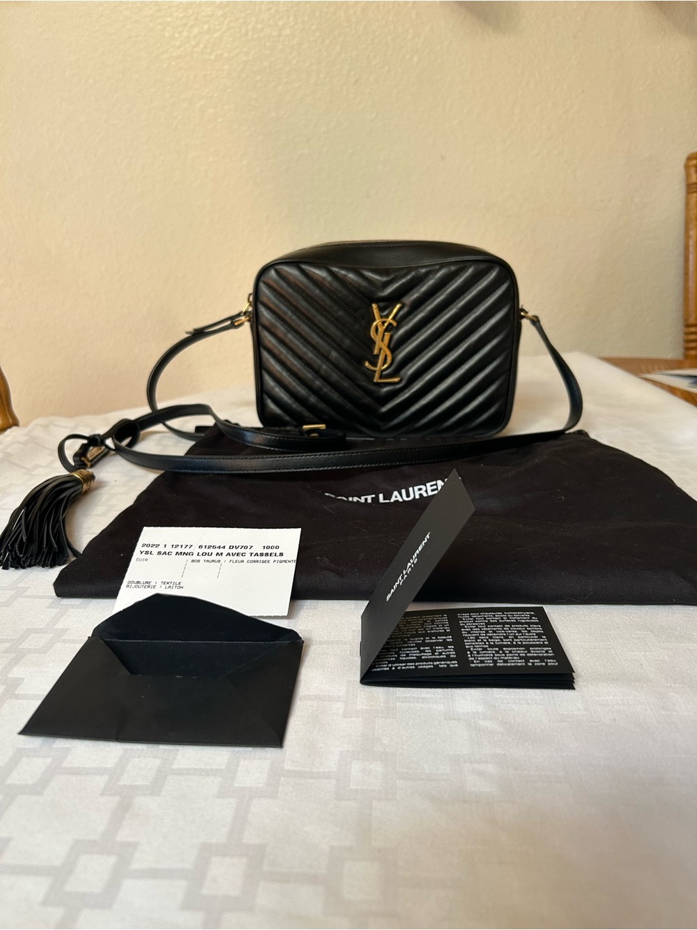 YSL Saint Laurent Lou Camera Tassel Black Chevron Leather Crossbody Bag NWT!